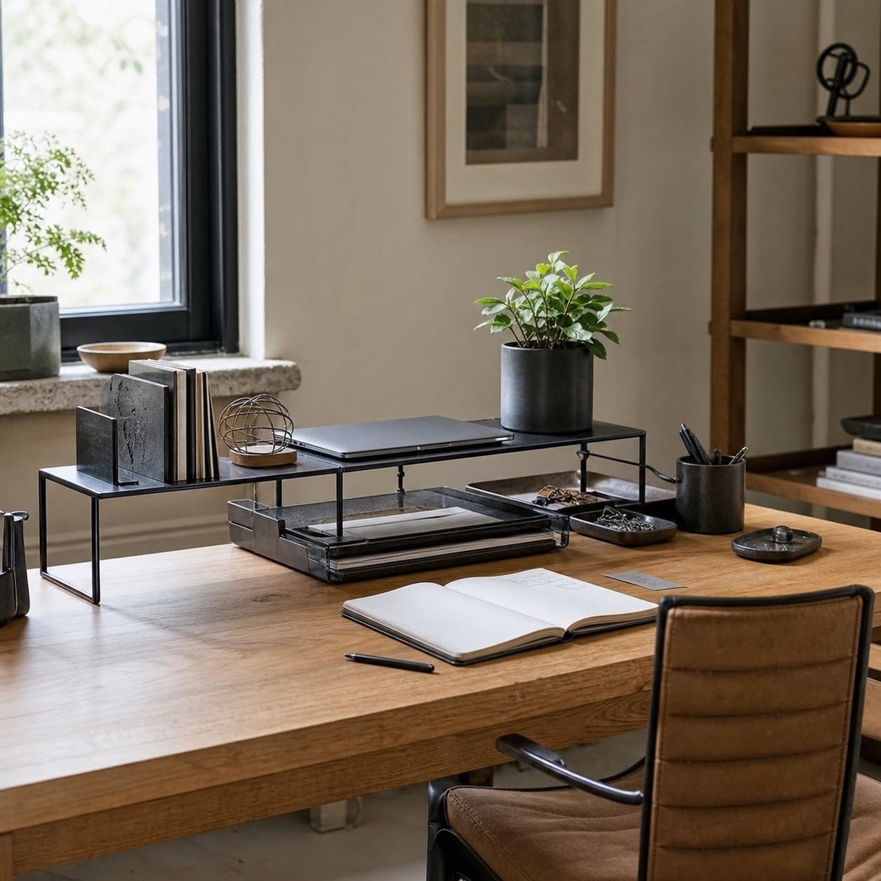 Calm rental-home desk organised with blackened-steel accessories