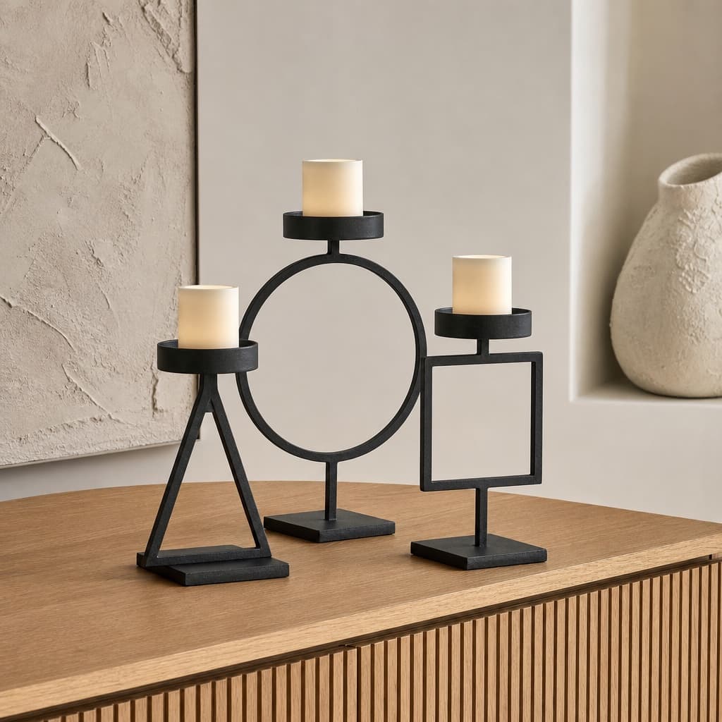 Geometric Candle Holder Trio in blackened steel