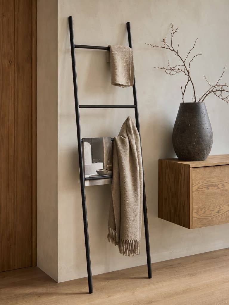Leaning Wall Ladder Rack in blackened steel