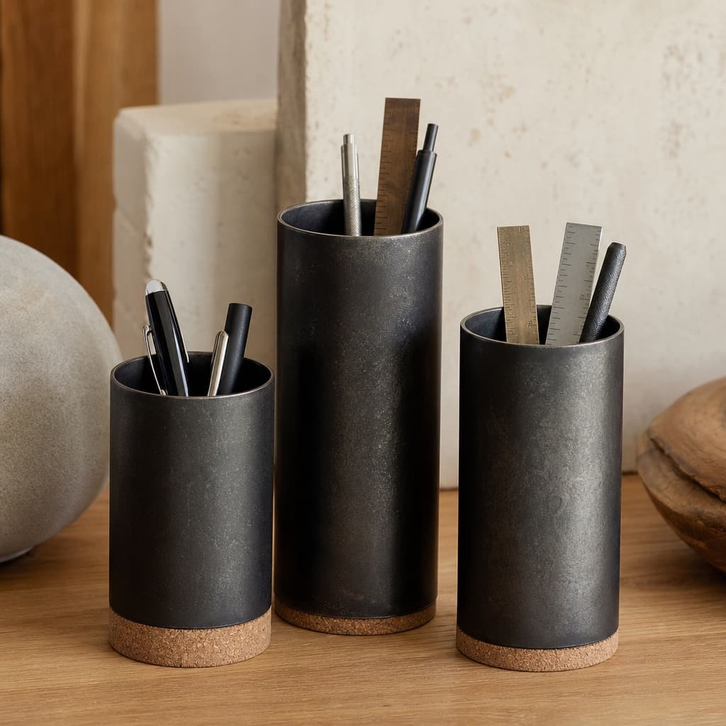 Steel Pen & Tool Cup Trio in blackened steel